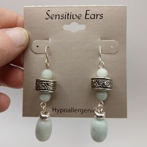 Green Stone Drop Earrings | Silver Tone | Hypoallergenic